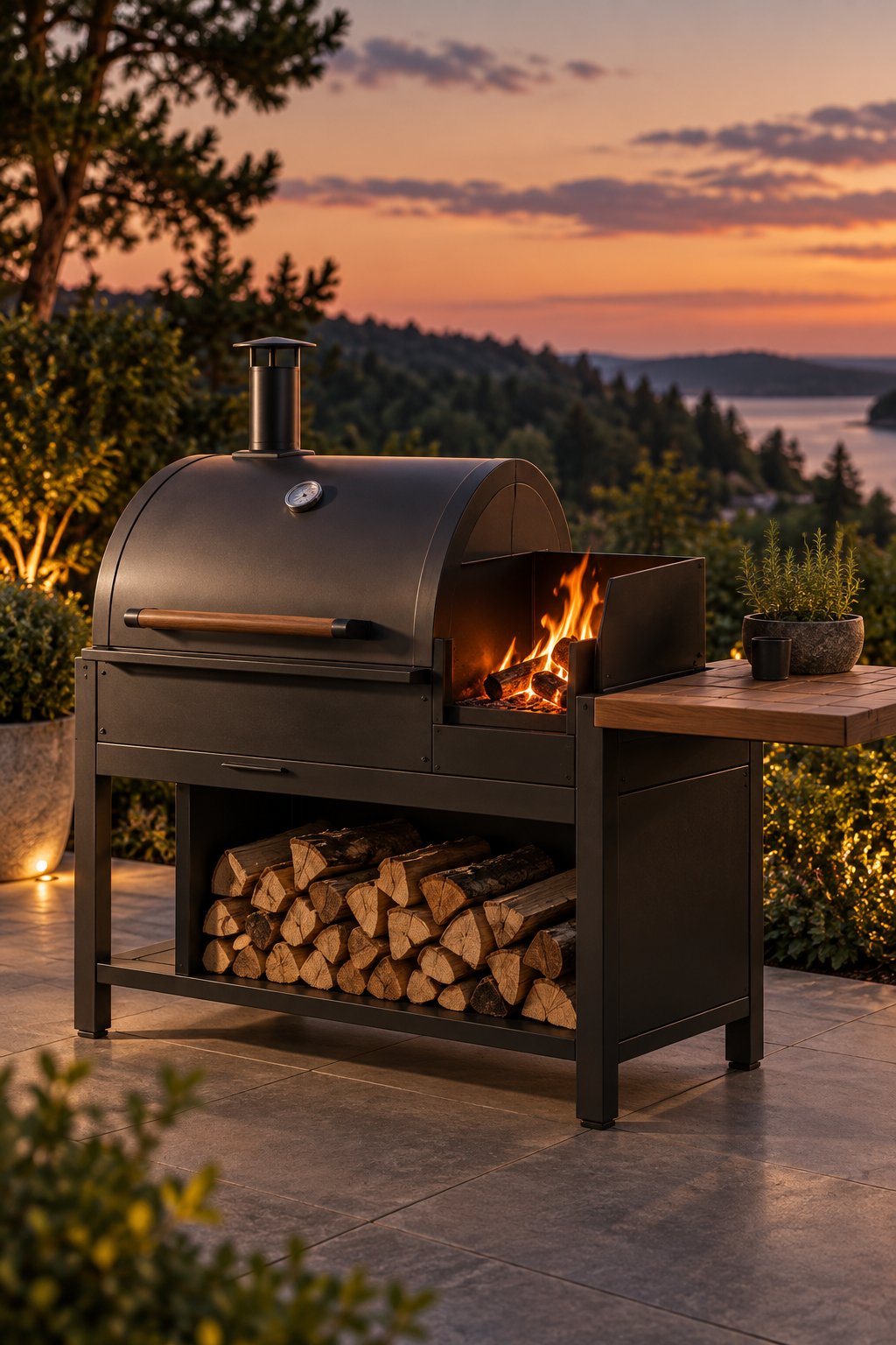 Metal grill with log storage
