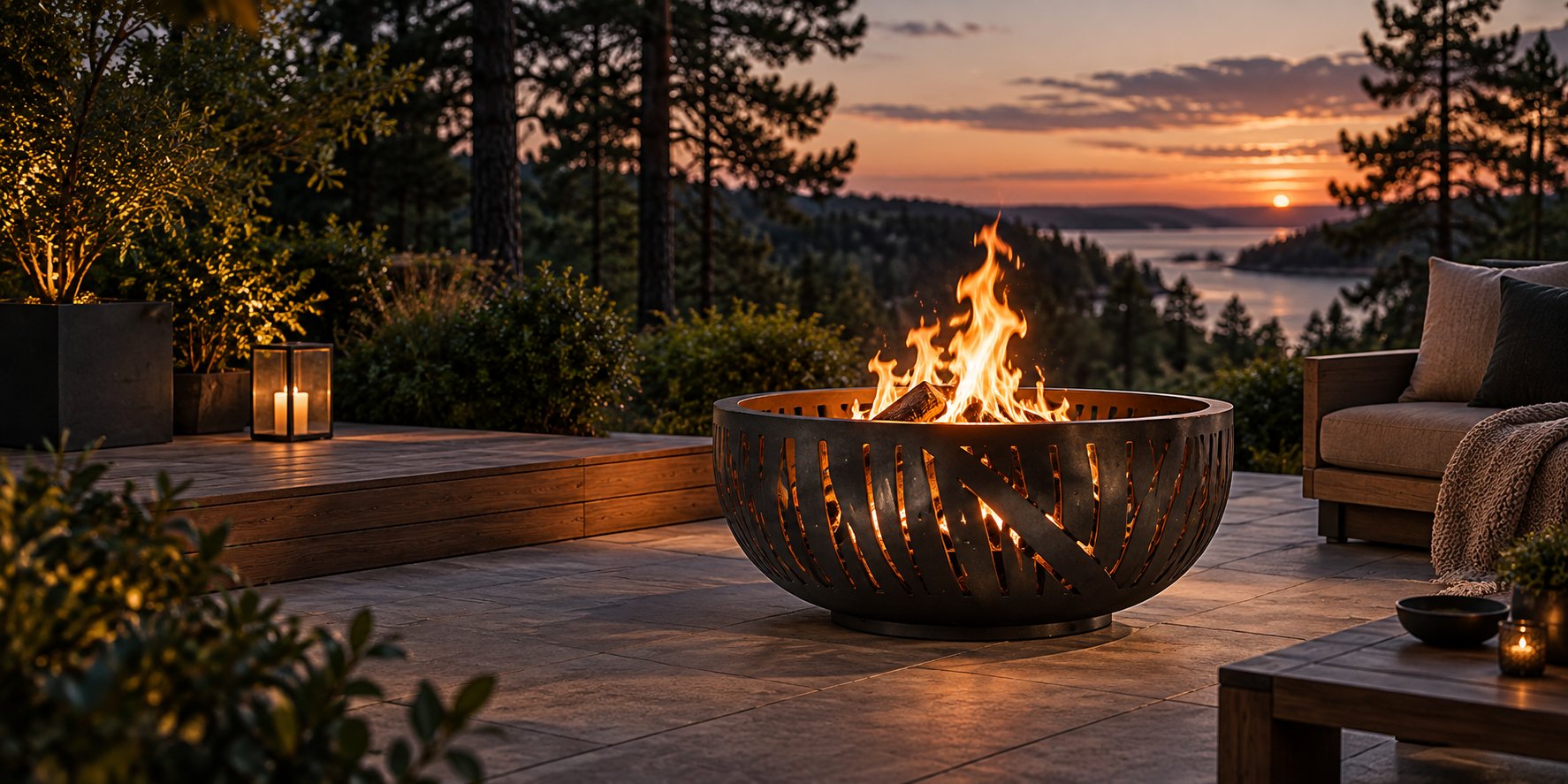 Metal fire pit on a garden terrace